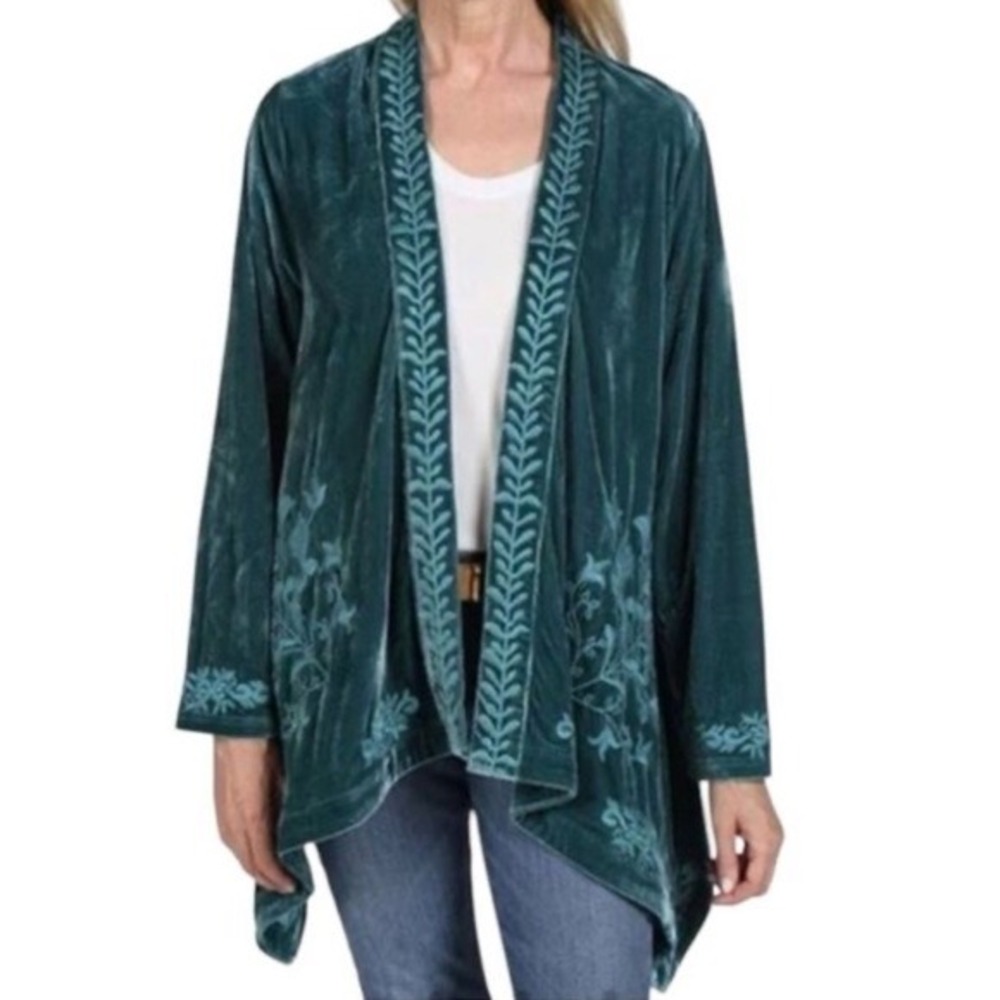 Floriana Teal Velvet Embroidered Open Front Cardigan Jacket Plus Size 2X Boho